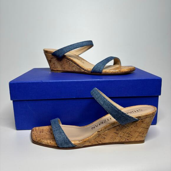 Stuart Weitzman Aleena 50 Wedge Sandals in Washed Blue - Picture 1 of 10